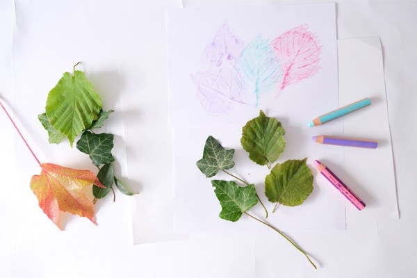 Blätterkarte – Blätter abgepaust auf ein Papier mit farbigen Stiften