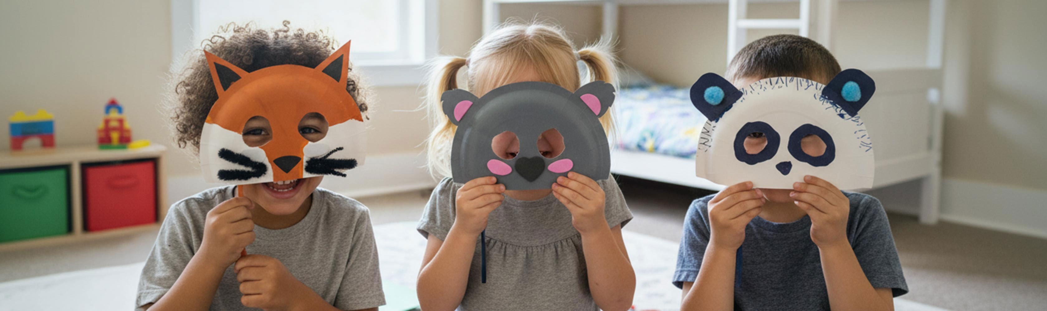 Tiermasken – drei Kinder mit selbstgebastelten Tiermasken, Fuchs, Koala und Panda