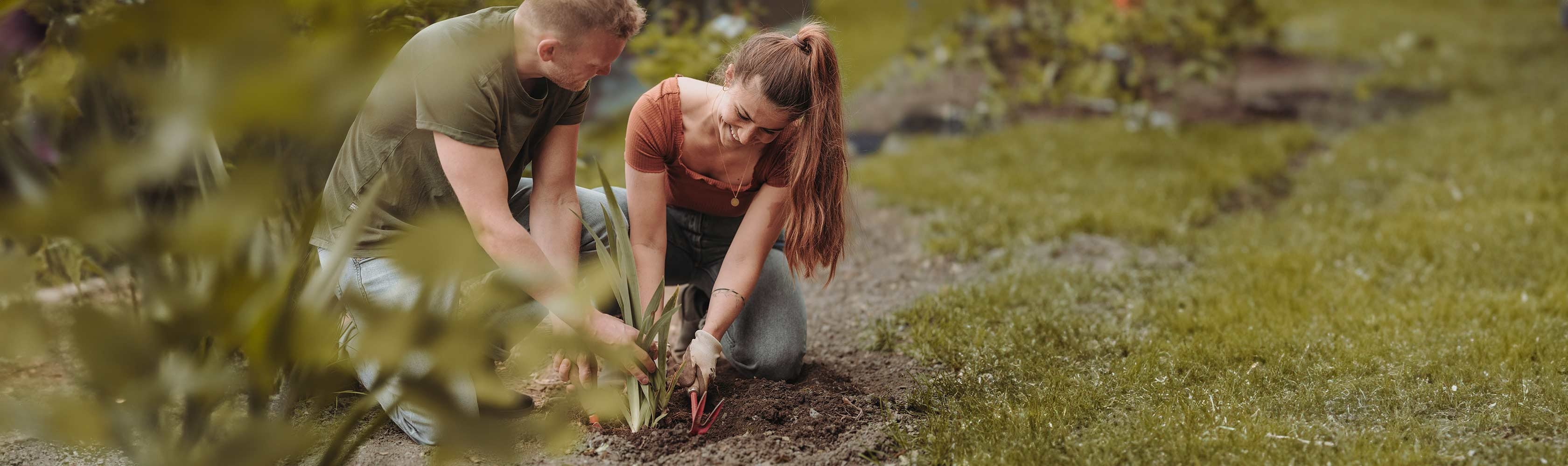 Kinderwunsch – Paar ist im Garten und pflanzt zusammen ein Setzling und pflegt es, damit es wächst.