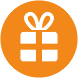 Ein weisses Geschenk auf orangem Hintergrund als Piktogramm.