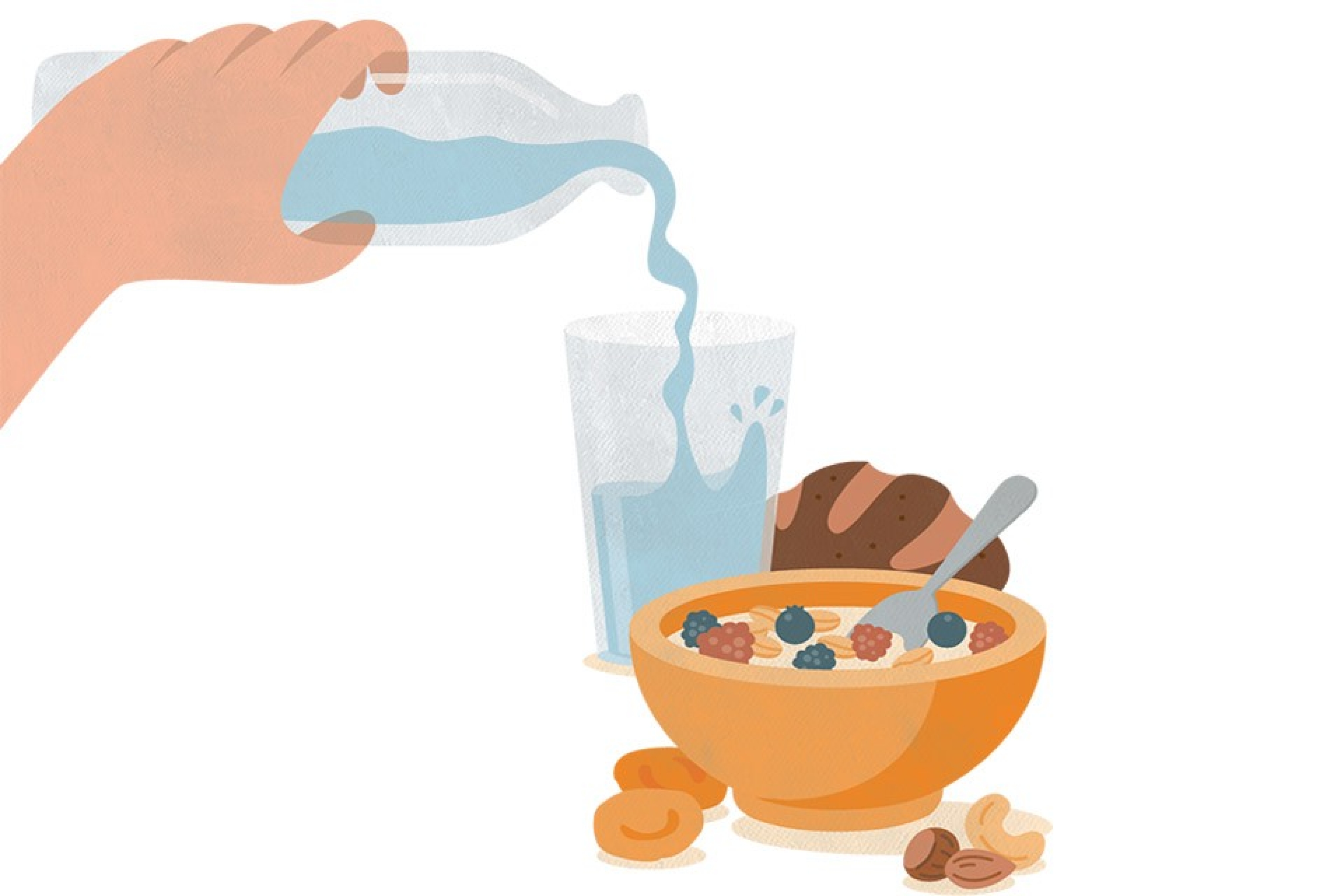 eine Illustration mit einer Hand die ein Glas Wasser füllt und einem feinen Müesli mit Nüssen auf dem Tisch