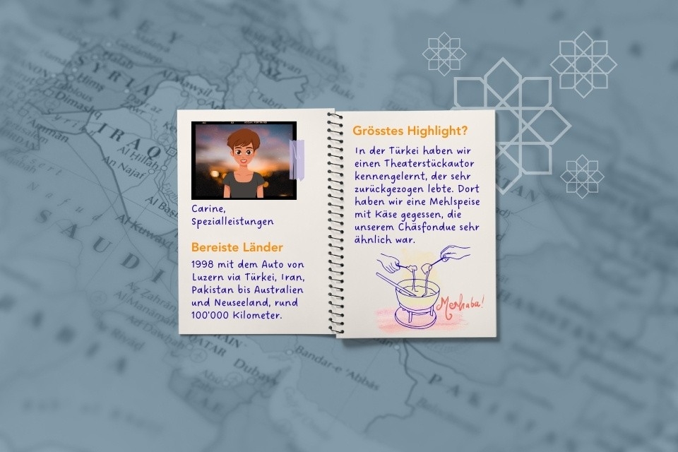 Illustration von Carine, Leistungsspezialistin im Team Spezialleistungen. Sie reiste mit dem Auto bis nach Neuseeland.