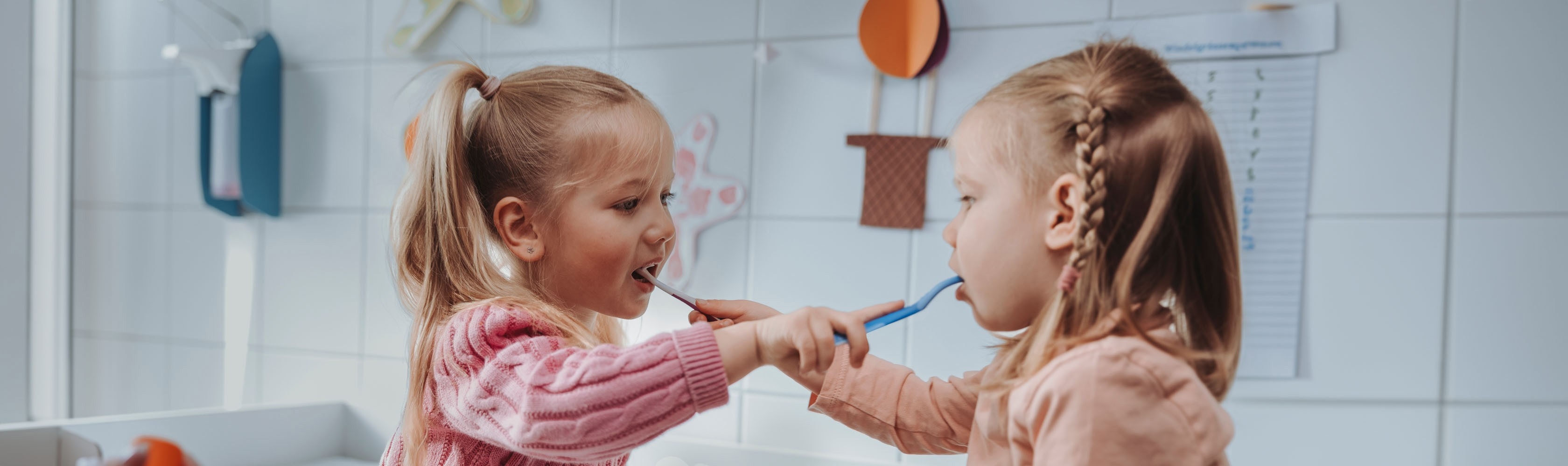 Bestellung Kinderzahnbürste - Zwei Mädchen putzen sich gegenseitig die Zähne