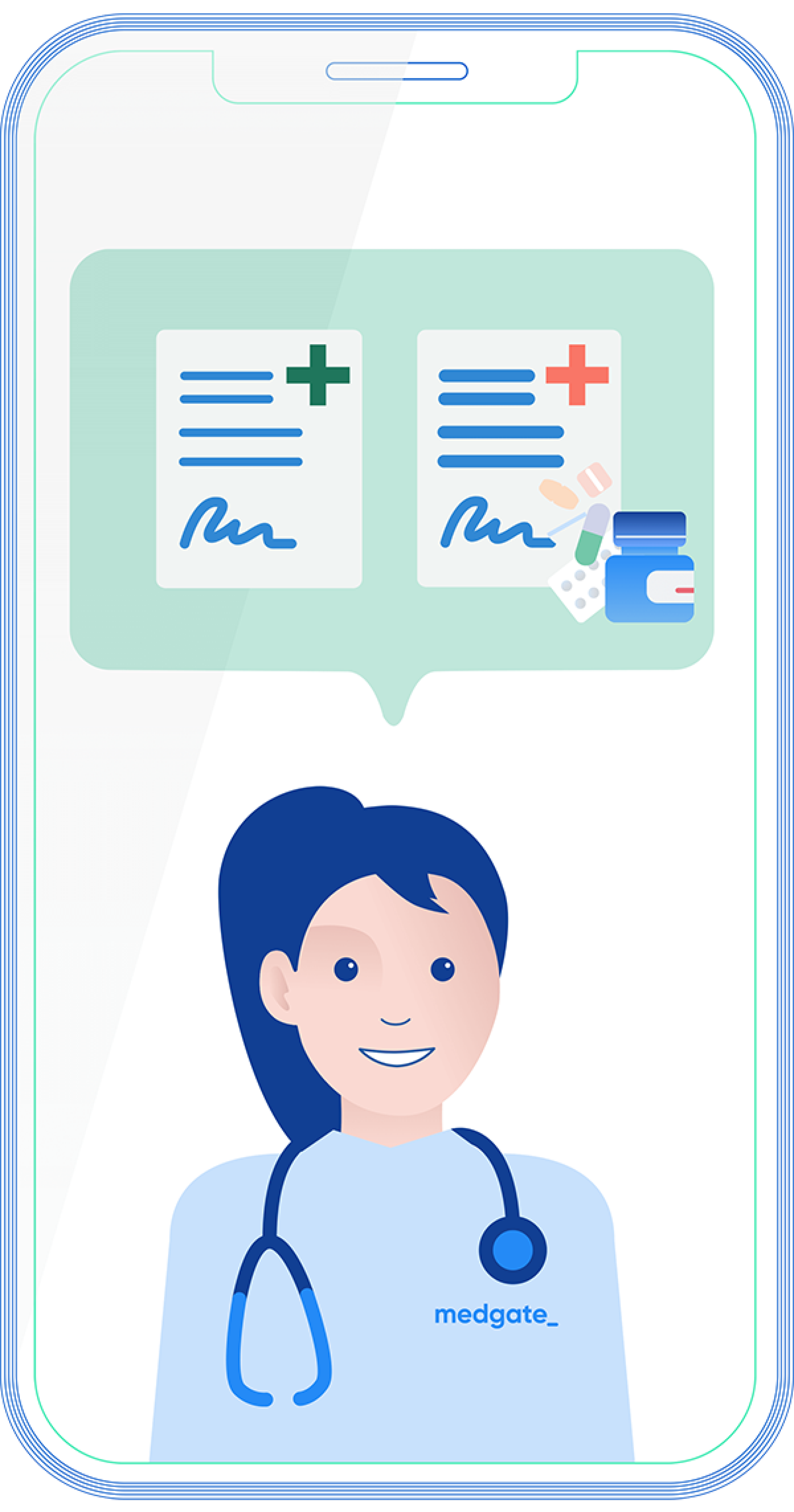 SmartDoc - Handybildschirm mit Medgate-App und darin eine Ärztin mit einer Sprechblase.