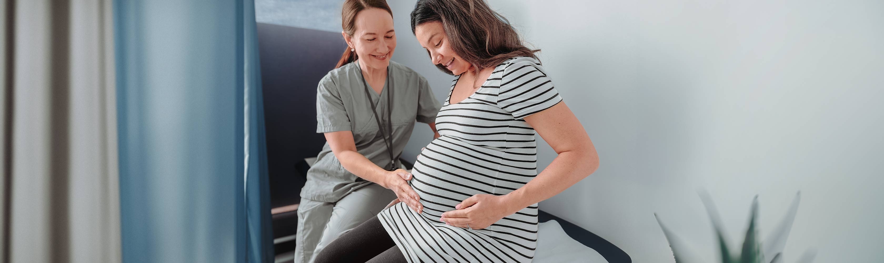 Midwives – a midwife palpates a pregnant woman’s tummy in the treatment room