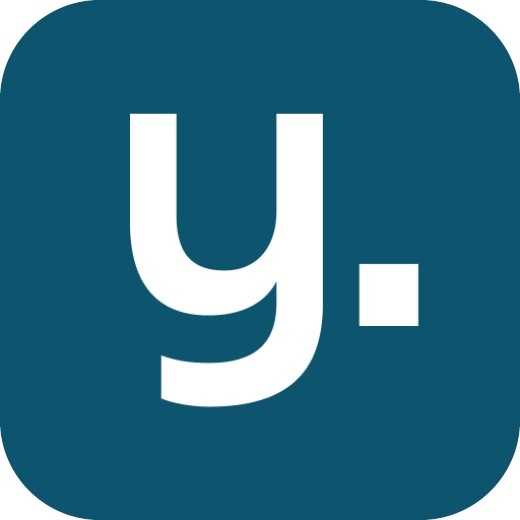 White y with a dot on a dark blue square background