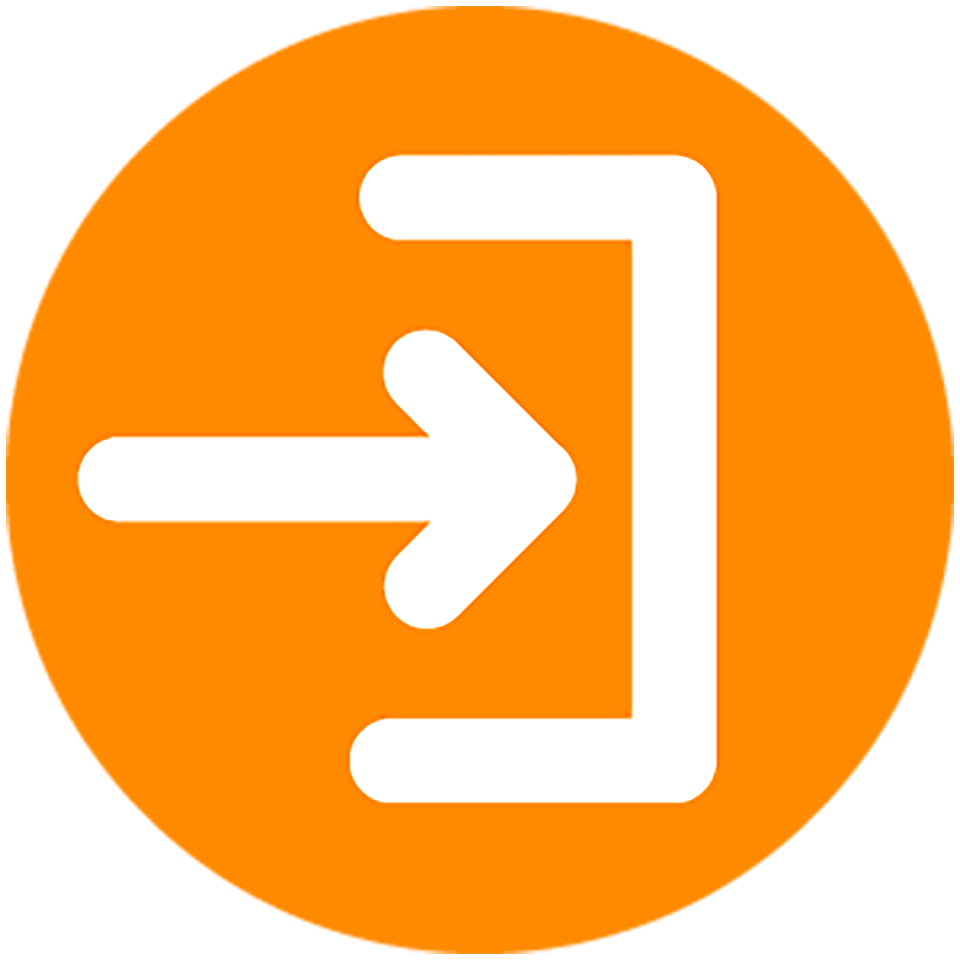 Ein weisser Pfeil, welcher auf ein weisses Smartphone zeigt auf orangem Hintergrund als Piktogramm.