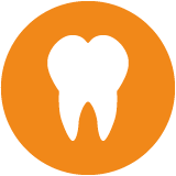 A white tooth on an orange background as a pictogram.