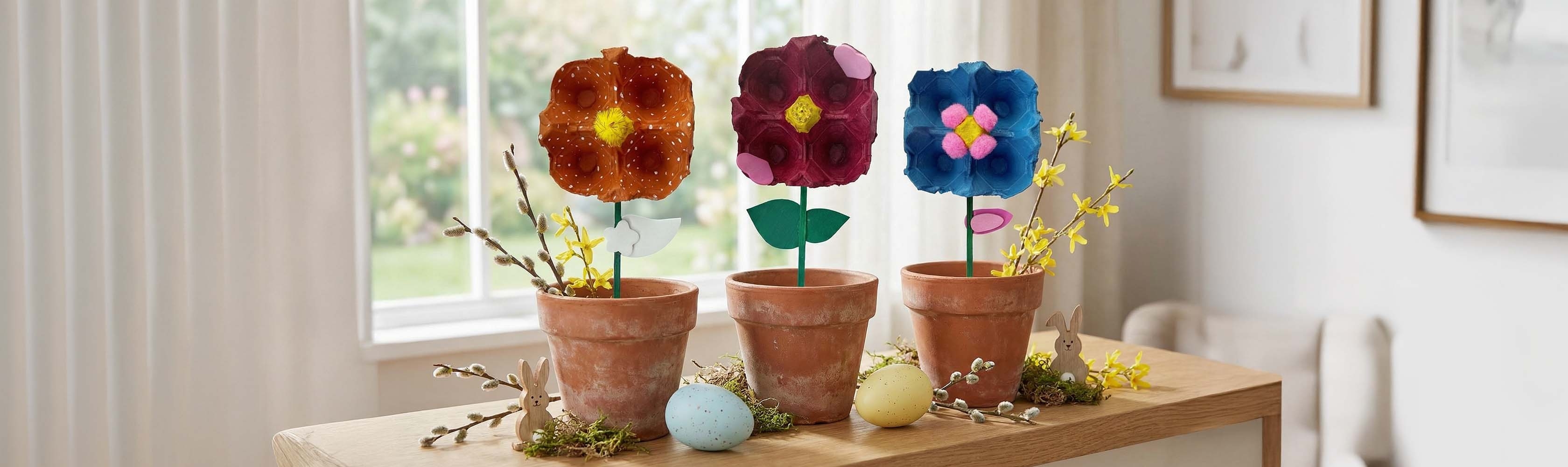 Eierkarton-Blumen– drei selbstgebastelte Eierkarton-Blumen