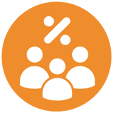 3 personnes blanches sous un signe de pourcentage blanc sur fond orange comme pictogramme.