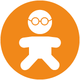 Un enfant blanc avec des lunettes sur un fond orange comme pictogramme.
