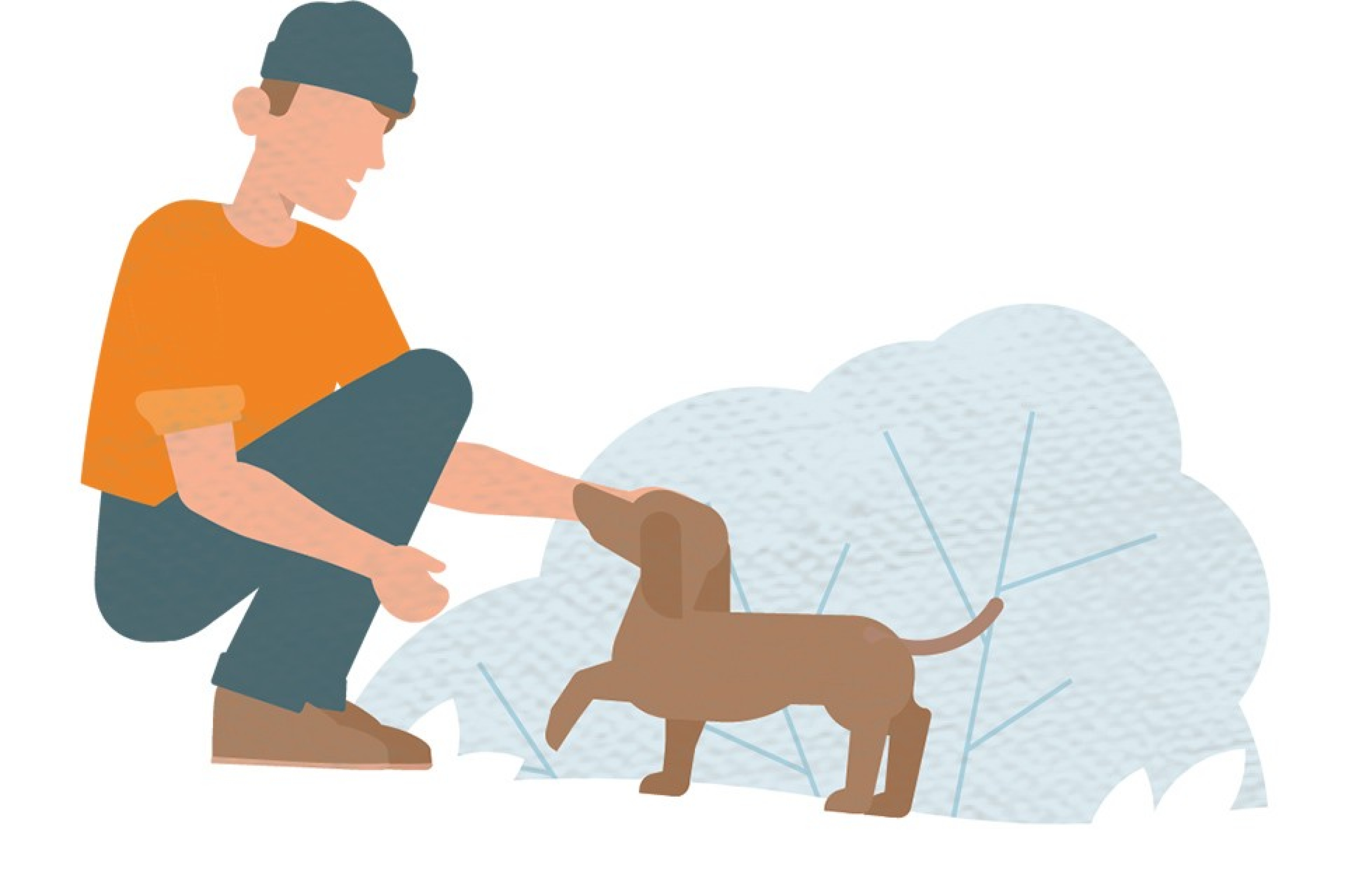 Une illustration représentant un jeune homme accroupi qui caresse son chien par terre.