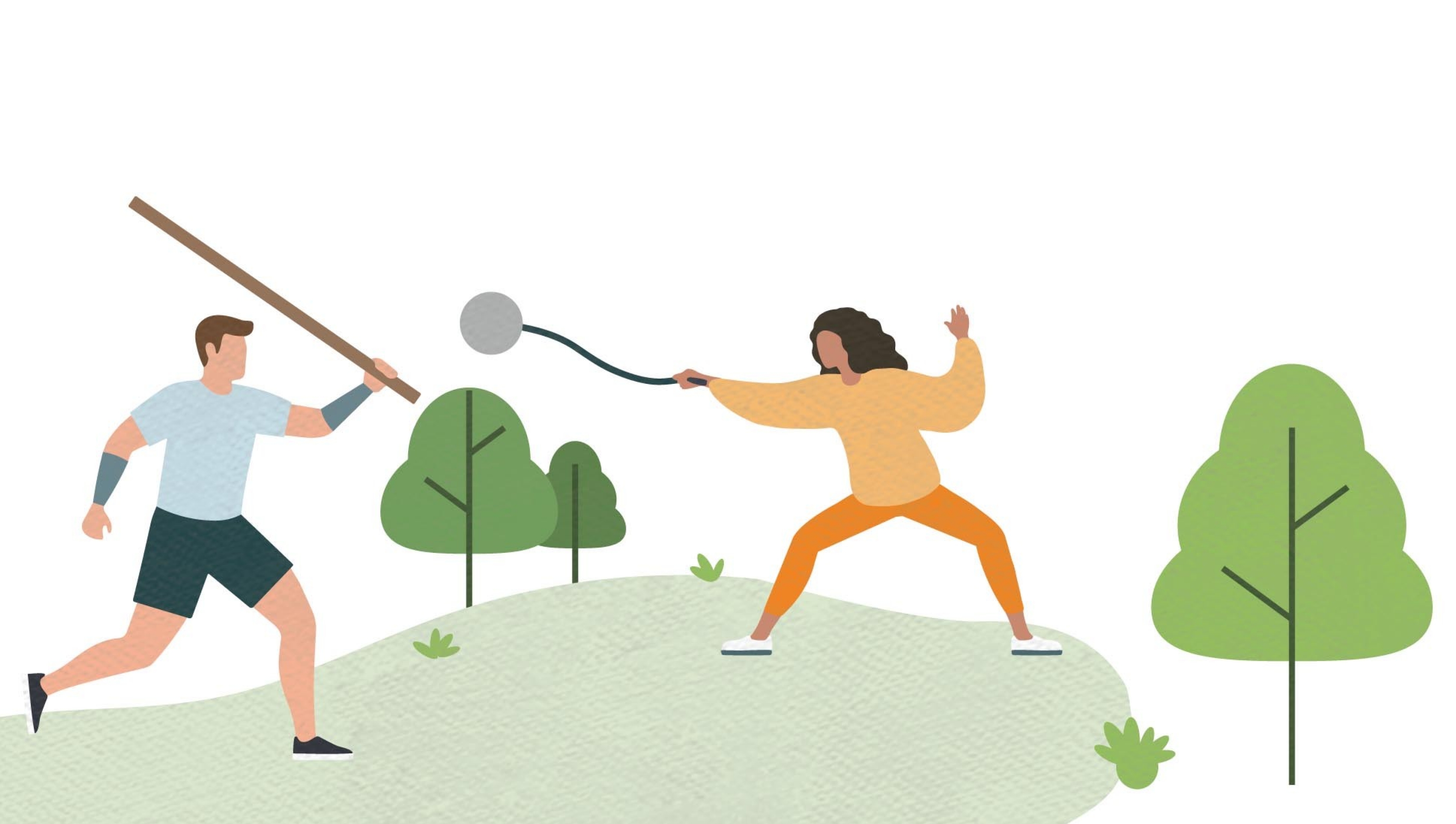 une illustration représentant deux personnes jouant au jugger dans un champ vert.