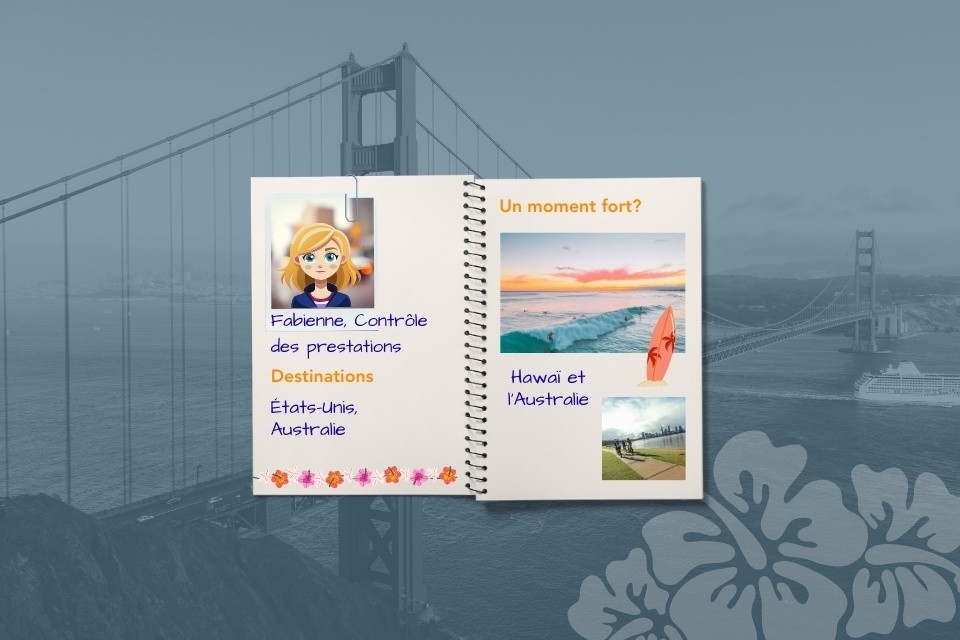 Illustration de Fabienne, spécialiste en prestations et responsable adjointe de groupe Prestations. Elle a voyagé pendant six mois aux États-Unis.