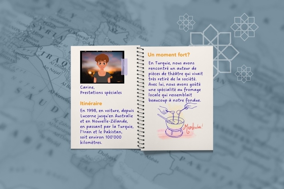 Illustration de Carine, spécialiste en prestations dans le groupe Prestations spéciales. Elle a voyagé en voiture jusqu'en Nouvelle-Zélande.