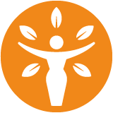 Una donna bianca circondata da foglie bianche su sfondo arancione come pittogramma.