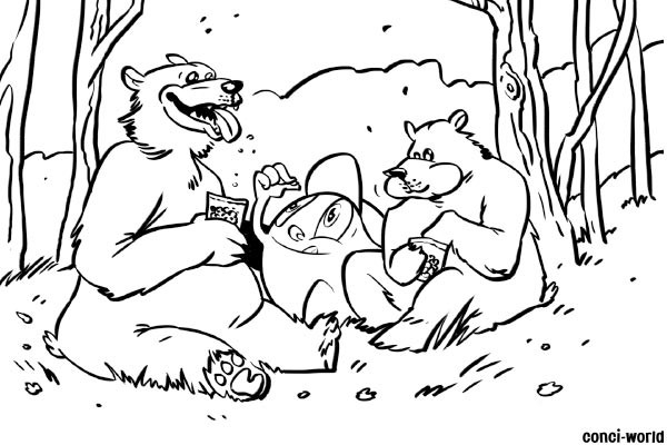 Conci sitzt mit Bären auf der Wiese
