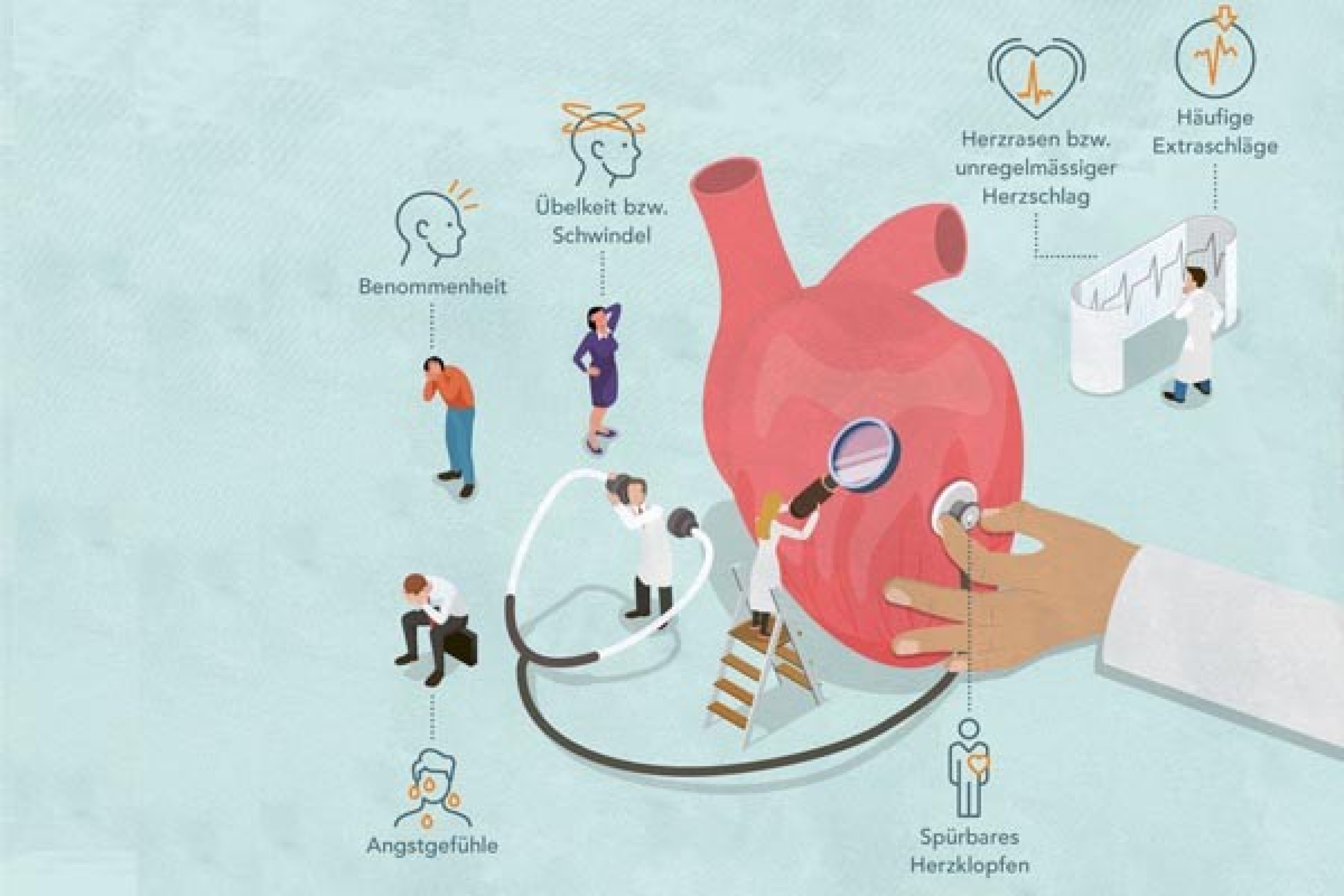 Grafische Darstellung eines Herzes und Symptomen von Herzrhythmusstörungen