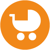 Logo Kinderwagen auf organgem Hintergrund