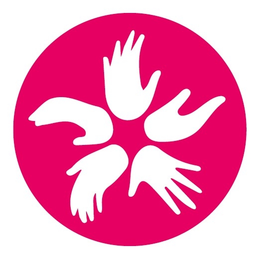 Five white hands form a star on a pink background.