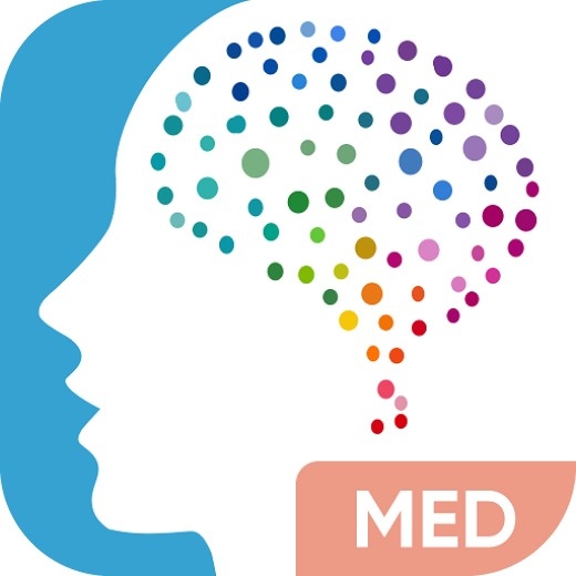 Visage blanc de profil sur un fond bleu. Les pointillés multicolores représentent le cerveau. 