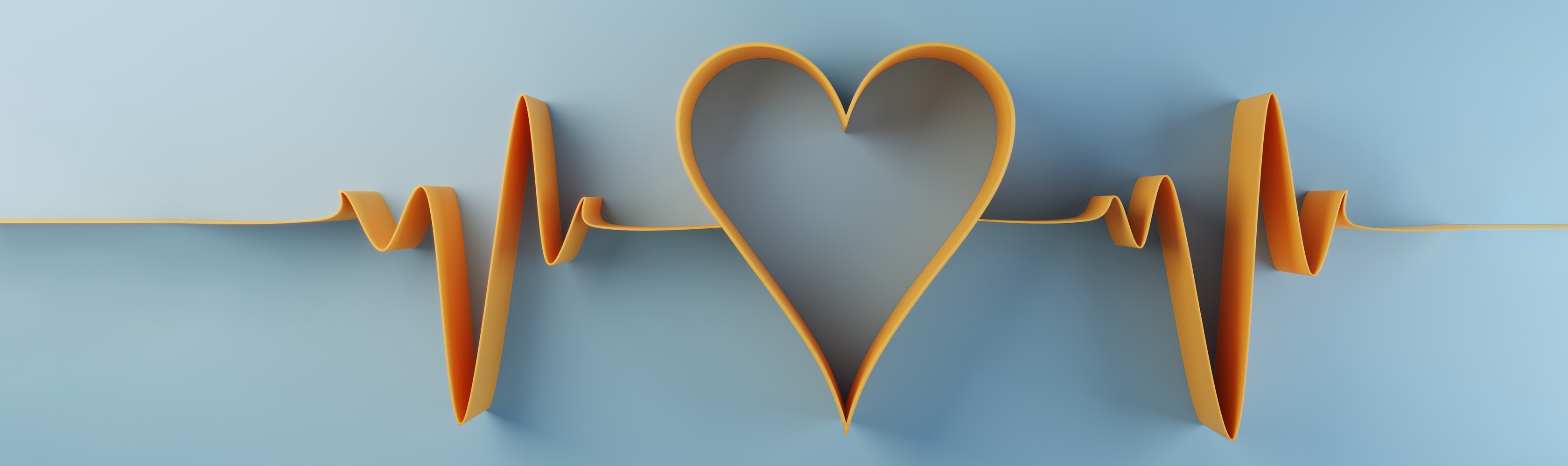 Symbolisch dargestellter Herzrhythmus auf hellblauem mit einem Herz in der Mitte. 