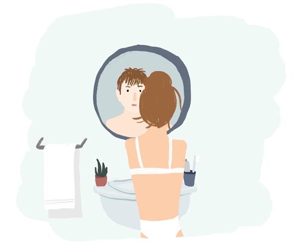 Le quotidien d’une personne transgenre: l’illustration montre une fille se regardant dans un miroir, lequel lui renvoie l’image d’un garçon.