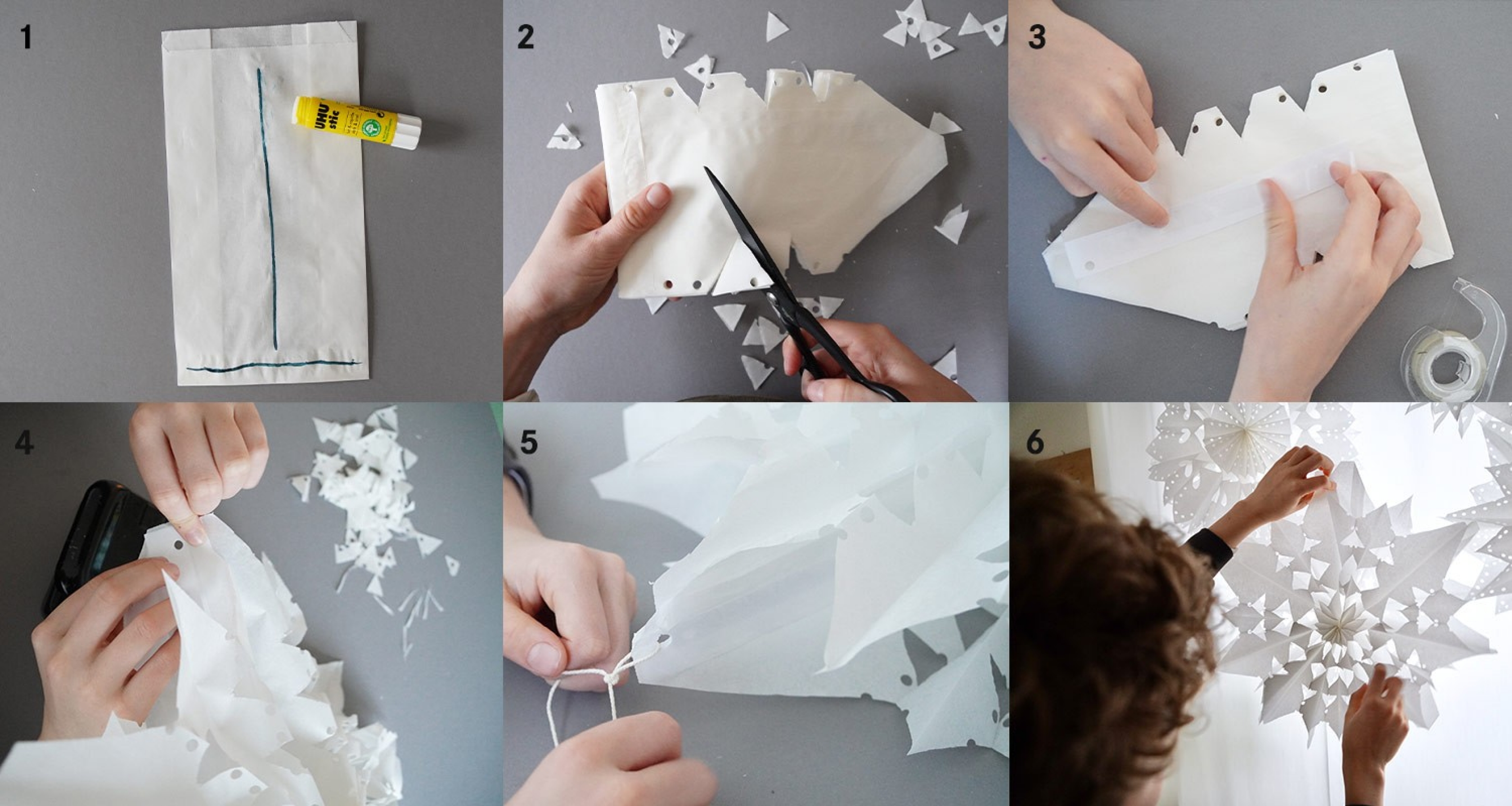 Istruzioni step by step per le stelle natalizie con i sacchetti di carta